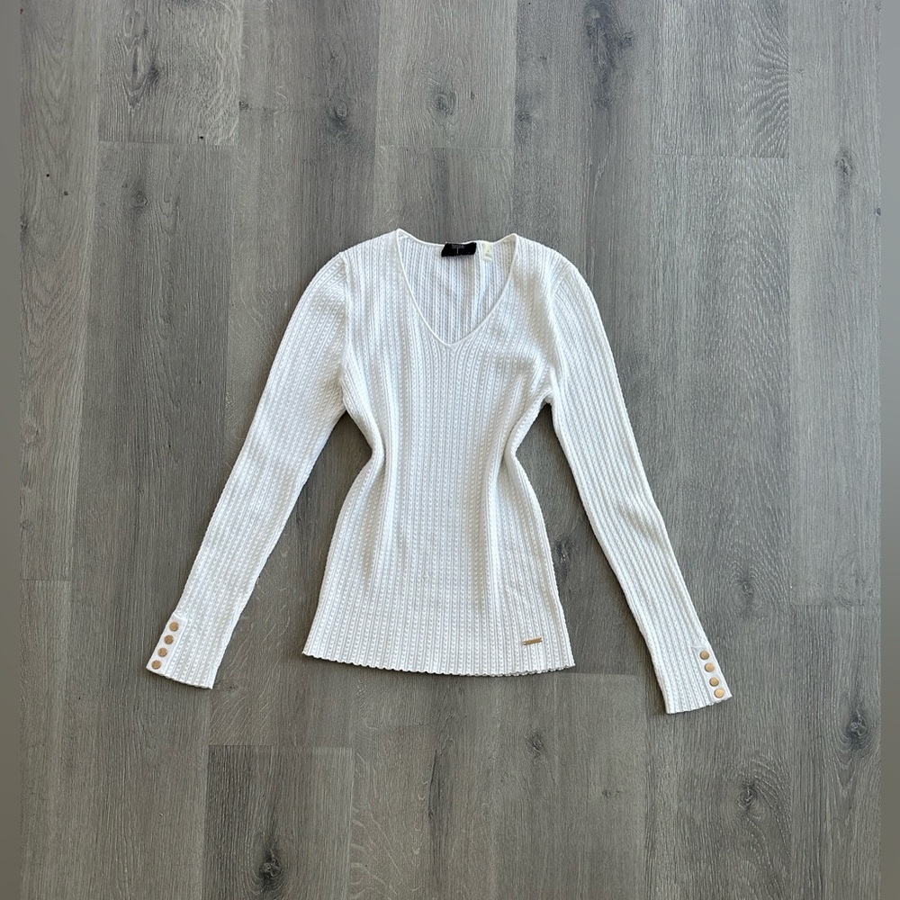 Tahari White Textured Knit Top